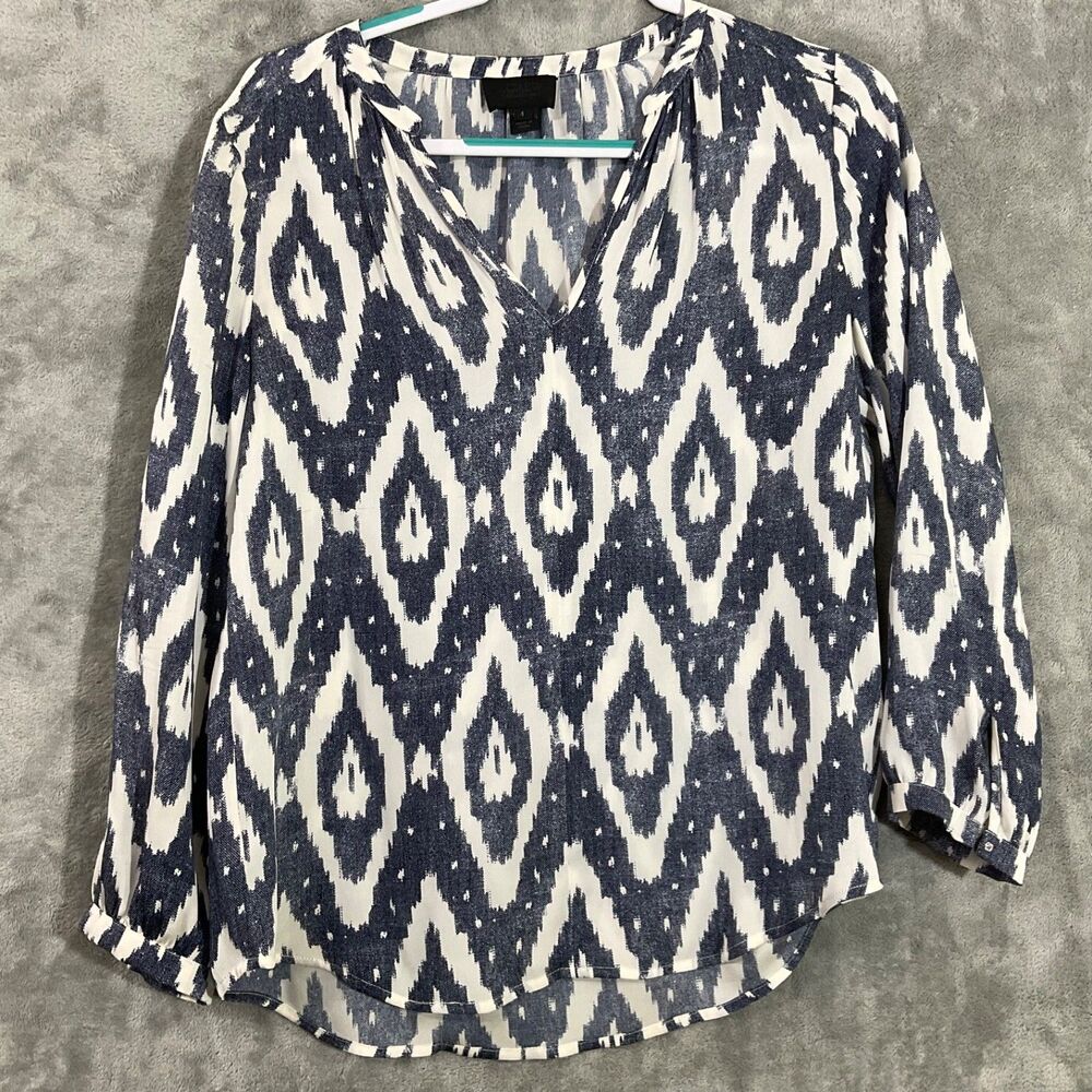 J Crew Collection Silk Blouse Top Women size 4 Career Ikat V-Neck Long sleeve